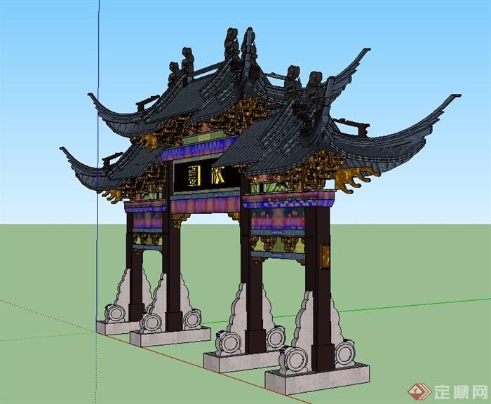 古典中式大型青瓦牌坊设计SU模型(2)
