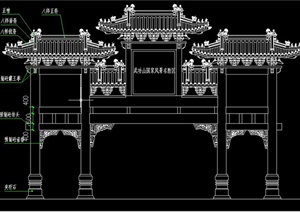 古典中式四柱五楼牌坊设计CAD方案图
