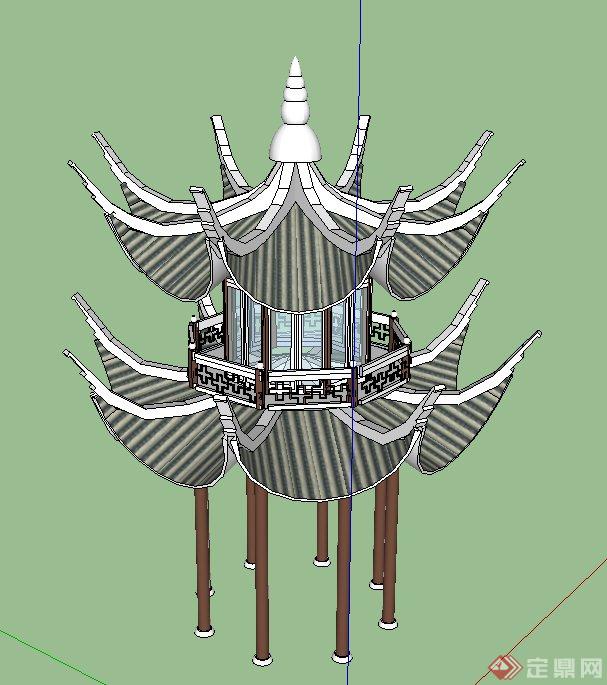 古典中式双檐八角翘檐亭设计SU模型(1)