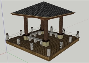 园林景观节点木质平台与亭子设计SU(草图大师)模型