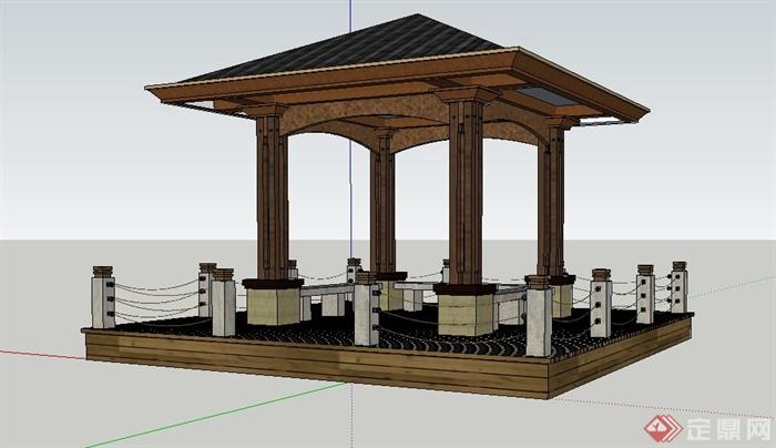 园林景观节点木质平台与亭子设计SU模型(3)