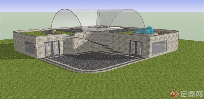 单层独栋别墅建筑设计su模型(1)