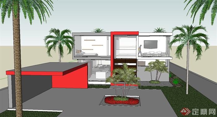 某现代两层独栋别墅住宅建筑设计su模型(3)