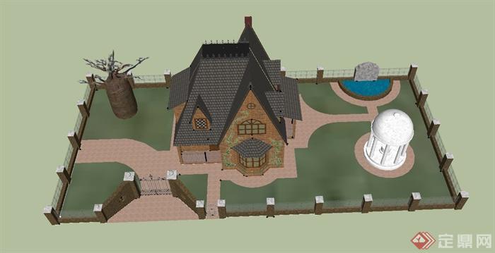 某欧陆独栋别墅建筑设计su模型含庭院(3)