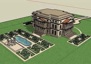 某欧式三层独栋别墅建筑设计SU(草图大师)模型