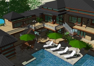 东南亚独栋别墅建筑设计SU(草图大师)模型含庭院花园