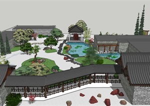 古典中式奇石馆会所庭院景观设计SU(草图大师)模型