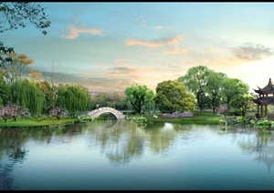 某古典中式滨水拱桥亭子景观设计PSD效果图