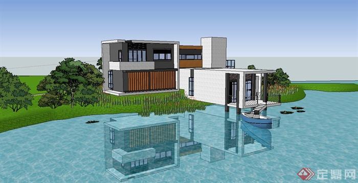 现代风格山地滨湖别墅建筑设计su模型(3)