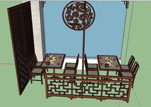 古典中式餐厅餐桌椅、屏风设计SU(草图大师)模型