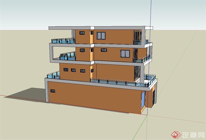 三层组合住宅楼建筑设计su模型(3)