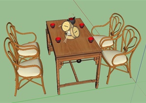 中式餐厅四人木桌椅设计SU(草图大师)模型