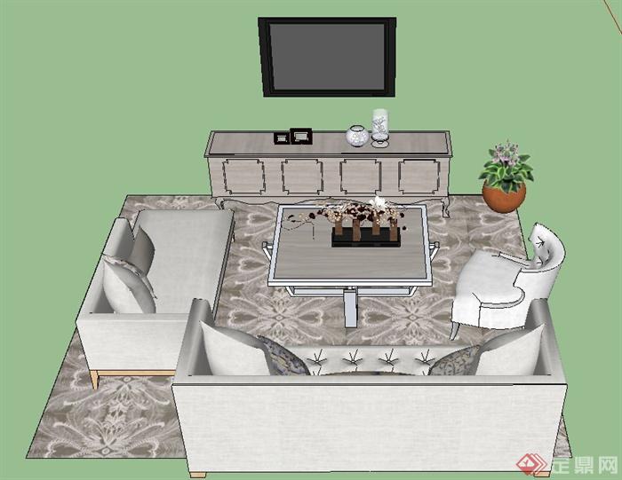 现代室内电视沙发茶几组合设计SU模型(1)