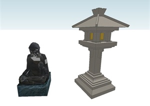 古典中式石雕塑与石灯设计SU(草图大师)模型