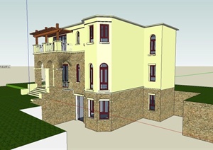 地中海风格别墅建筑设计SU(草图大师)模型含CAD图纸
