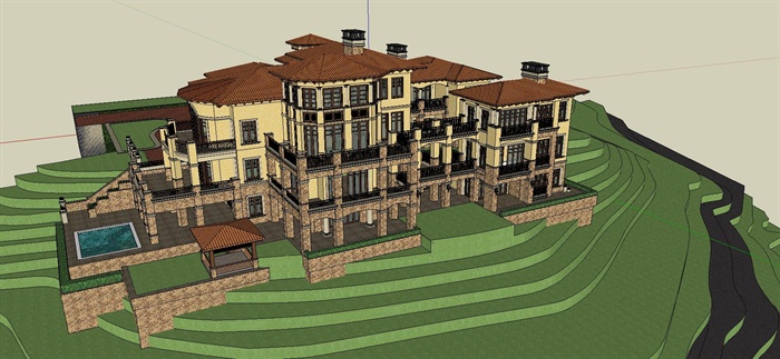 精品地中海风格木质别墅SketchUp草图大师模型加效果图加CAD总平面图(5)