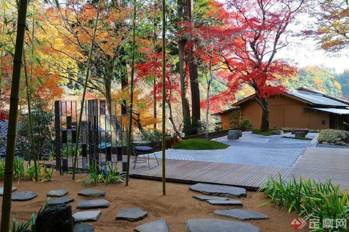 日式庭院,枯山石,木平台