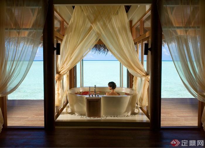 酒店浴室,浴缸,滨水景观