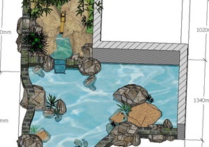 园林景观节点古典中式小水池景观设计SU(草图大师)模型