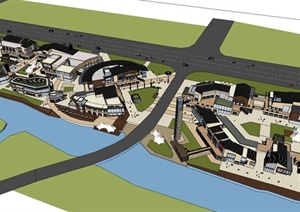 滨河商业街景观规划设计SU(草图大师)模型（含商业建筑）