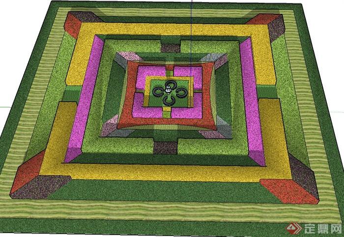园林景观方形彩色花坛设计SU模型(1)