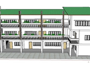 现代中式三层小学教学楼建筑建筑设计SU(草图大师)模型