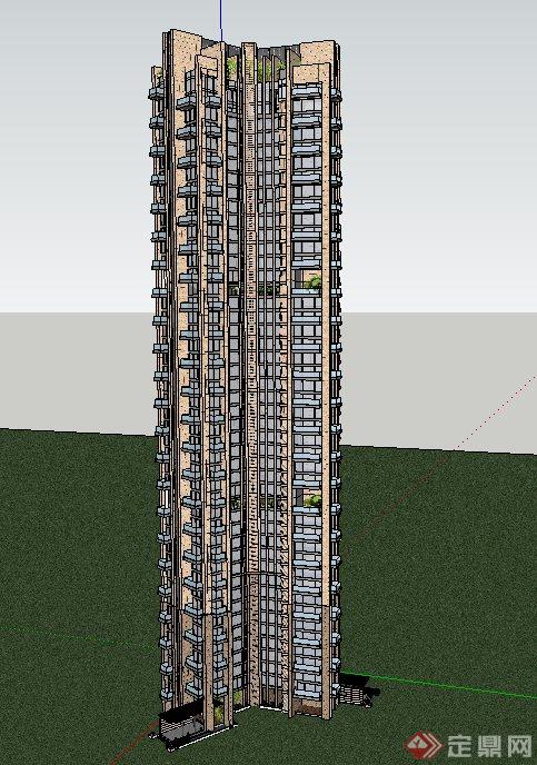 现代高层三菱形住宅建筑设计SU模型(1)