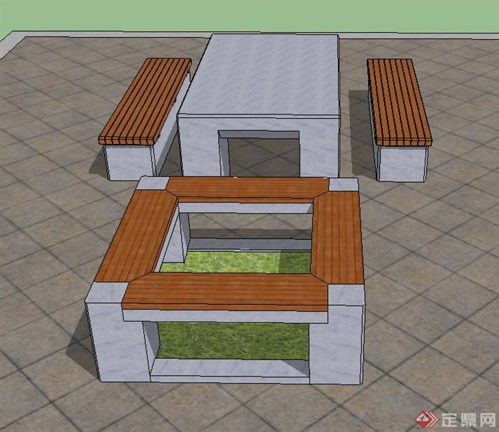 方形树池坐凳与桌椅设计SU模型(1)