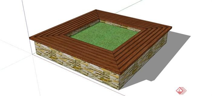 回形木条文化石铺装树池坐凳SU模型(1)