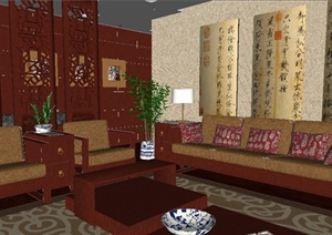 一套新中式客餐厅家装SU(草图大师)精致设计模型