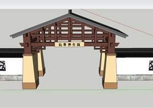 古典中式木质门廊围墙设计SU(草图大师)模型