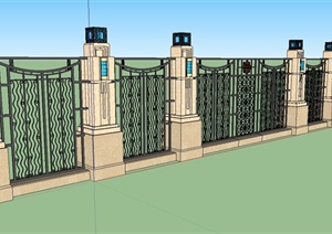 景观灯、铁艺围栏组合围墙设计SU(草图大师)模型