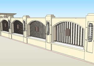 欧式围墙、门卫室组合的大门设计SU(草图大师)模型