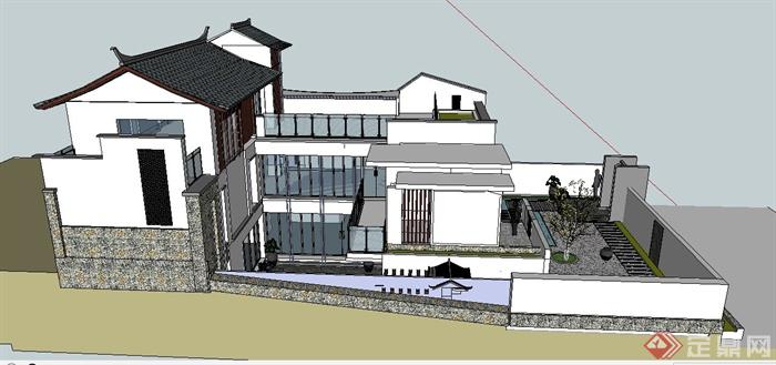 白族民居两层建筑设计SU模型(3)
