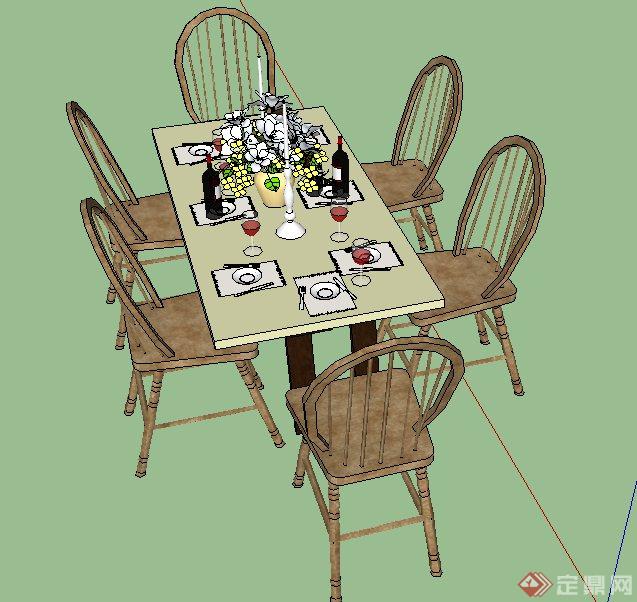 木质六人餐桌椅设计SU模型(2)