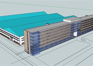 现代耨工厂办公楼、厂房建筑设计SU(草图大师)模型