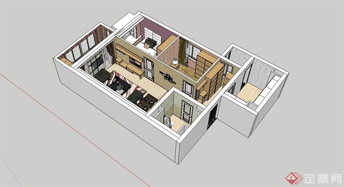 高档小区二室一厅装修设计施工图(CAD+效果图+模型）(4)
