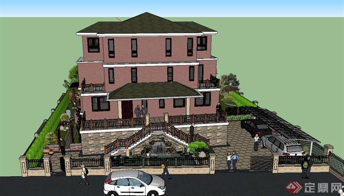 某三层别墅建筑与庭院景观设计SU模型+cad图(1)