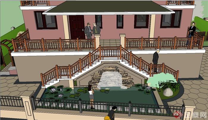 某三层别墅建筑与庭院景观设计SU模型+cad图(3)