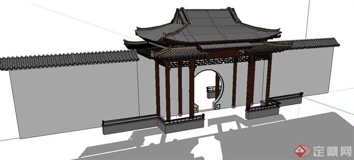 古典中式歇山亭围墙组合设计SU模型(3)