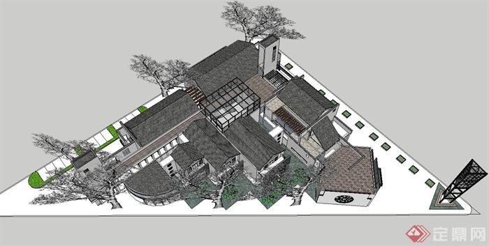 新中式服务旅游中心建筑设计su模型(3)