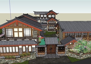 古典中式两层草居驿站建筑设计SU(草图大师)模型方案