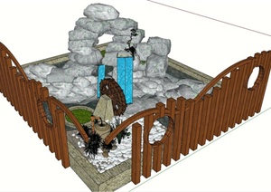 园林景观假山、跌水、水车、木栅栏组合设计SU(草图大师)模型