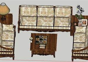 室内组合木质套装沙发设计SU(草图大师)模型