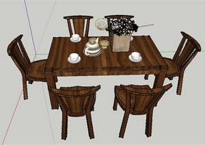 某室内木质原木色六人餐桌椅设计SU(草图大师)模型