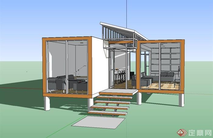 現代簡約集裝箱居住建築設計su模型[原創]