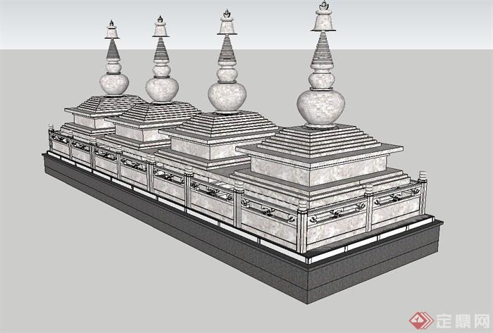 古典中式寺院景观矮塔设计su模型(2)