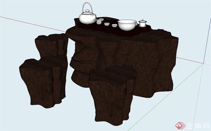 现代木质桌凳树设计su模型(2)