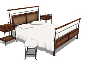 中式风格双人床、床头柜设计SU(草图大师)模型