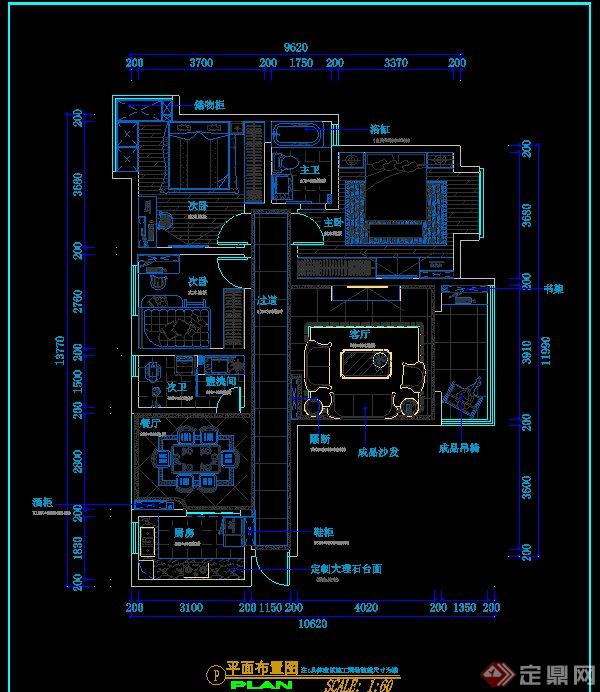 美式三室两厅一厨两卫装饰设计cad施工图(4)